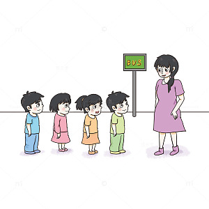 老师带孩子等公交车插画