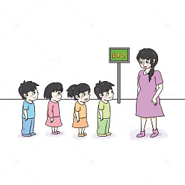 老师带孩子等公交车插画