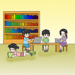 儿童在书房的多样学习场景插画
