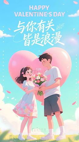 插画手绘浪漫情人节情侣海报520甜蜜蓝色