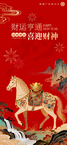 迎财神国潮马年插画海报