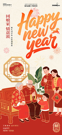 新年初二回娘家团聚家庭海报设计素材