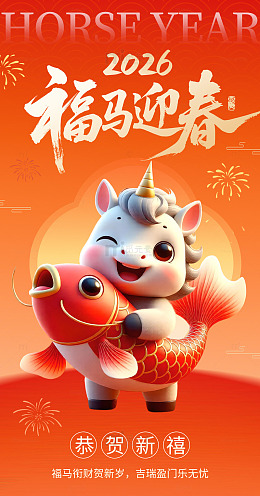 福马迎春马年ip2026红色喜庆海报设计