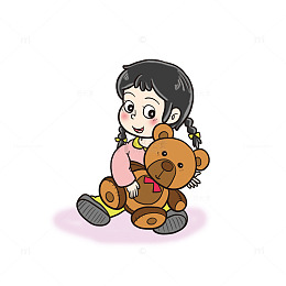 小女孩与可爱泰迪熊布偶玩具插画