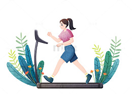 女孩在跑步机上活力开跑健康生活宣传插画