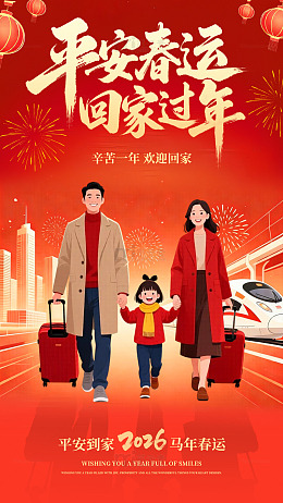 喜庆马年春运平安回家插画海报素材
