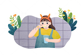 女孩正在愉快刷牙的插画