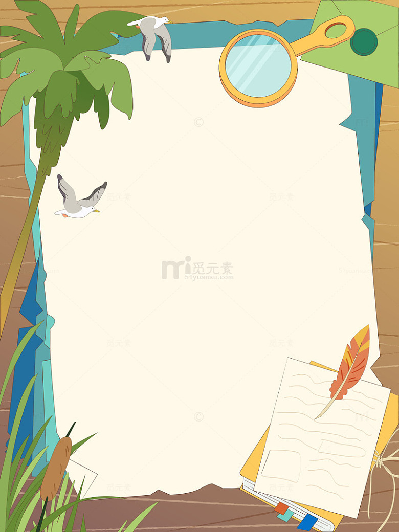 夏季户外探险笔记椰子树海鸥空白背景边框