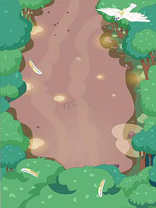 春天生机勃勃树木森林里的小路空白背景边框