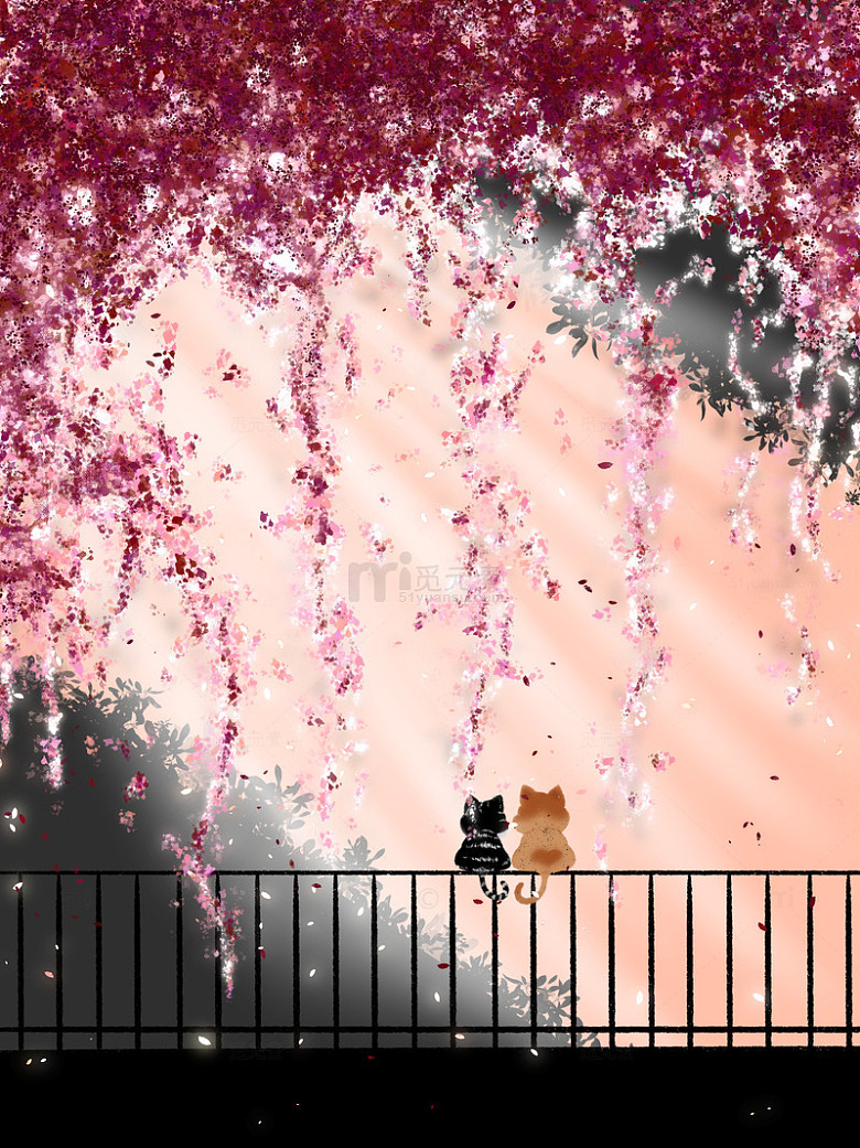 樱花树下浪漫黄昏插画