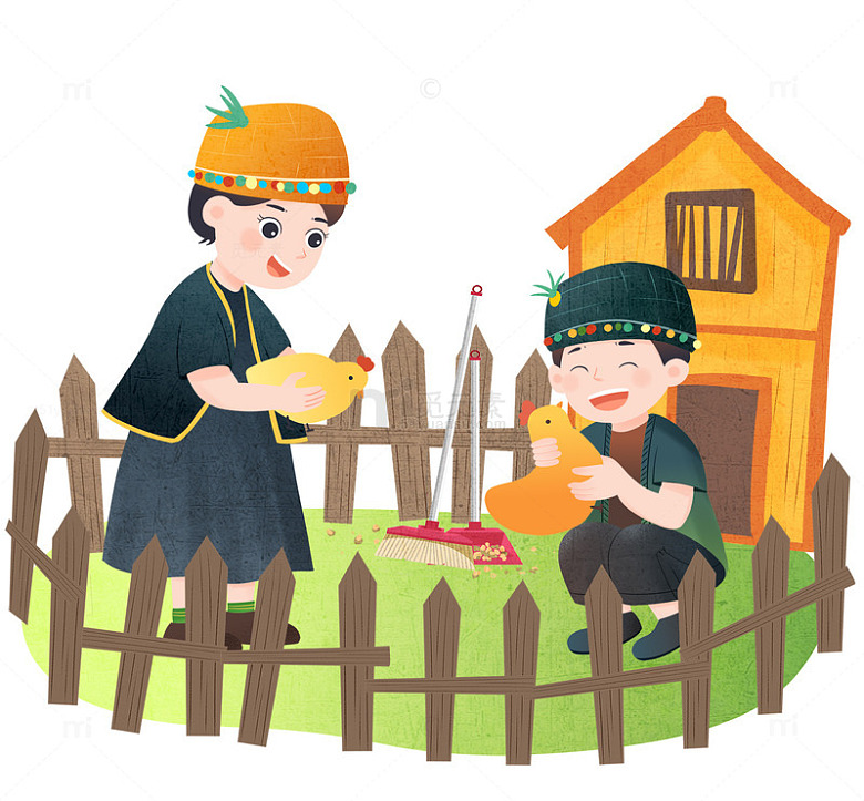 少数民族孩童与小鸡互动插画