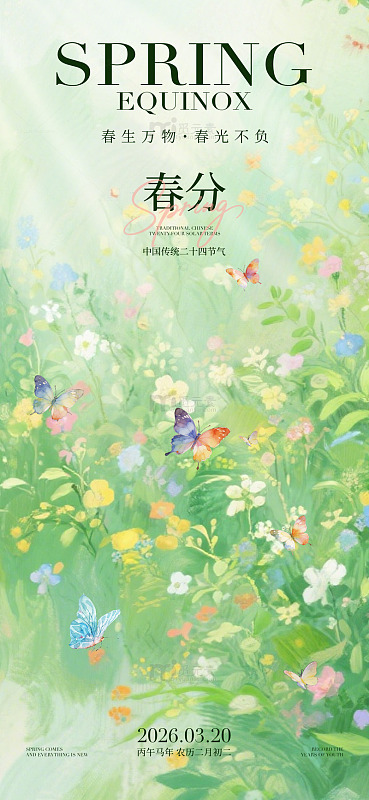春日春分花卉蝴蝶插画