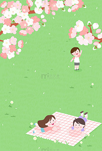 春天踏青樱花桃花树下野餐玩耍儿童插画边框