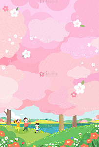 春天踏青赏花樱花树林户外春游海报儿童插画