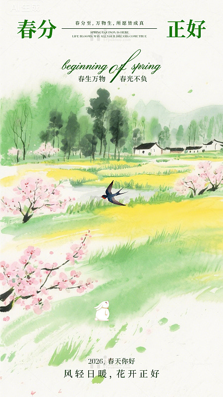 春分正好山水插画设计素材