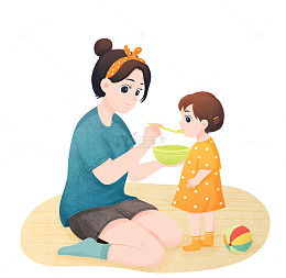 妈妈喂宝宝吃饭温馨场景插画