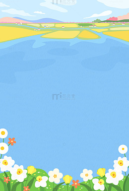 春天踏青乡村湖边花丛田园远山花朵植物边框
