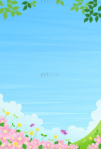 春天粉色桃花盛开蓝天白云自然风景插画背景