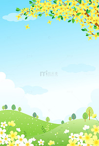 春天烂漫迎春花田园绿草地花草树木插画背景