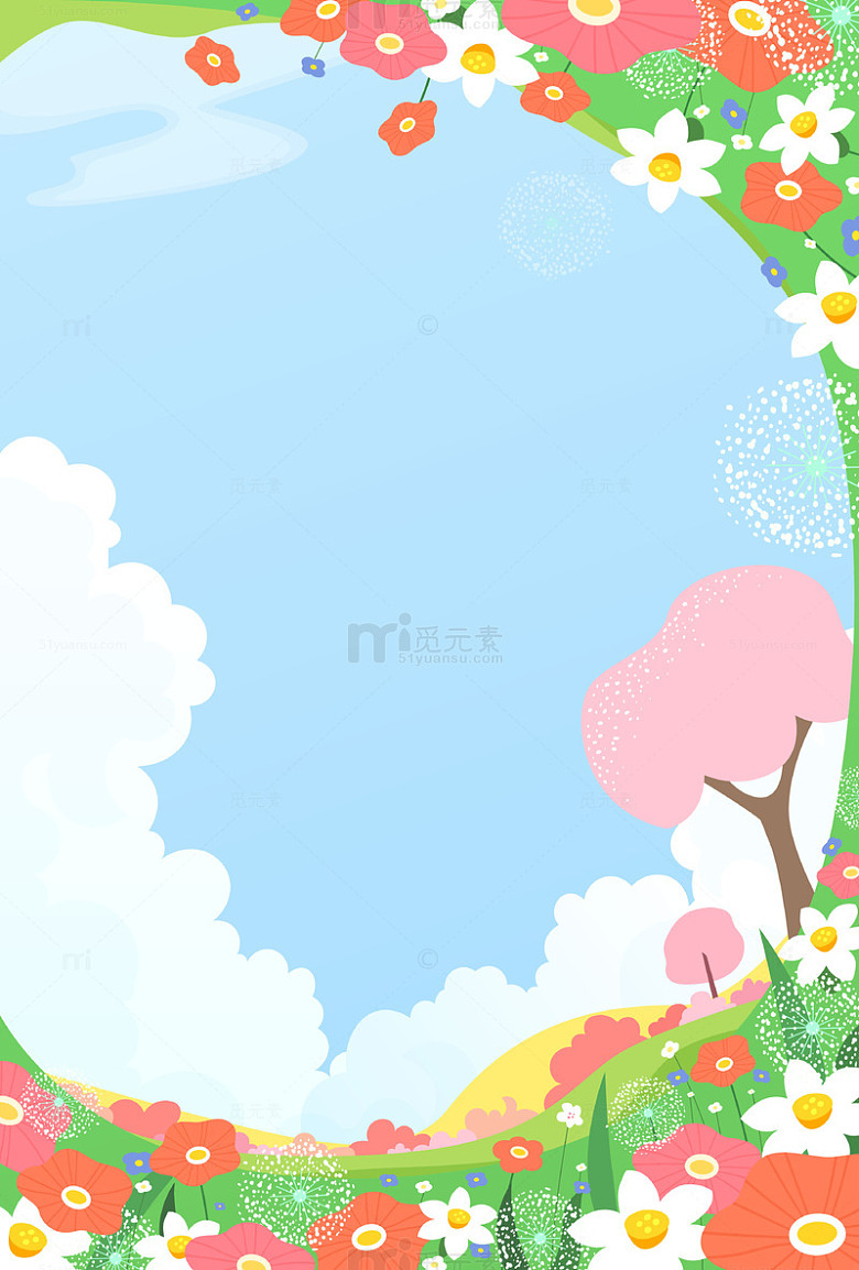 小清新樱花树烂漫花丛花草树木自然风景背景