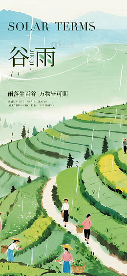 谷雨时节茶园风景插画