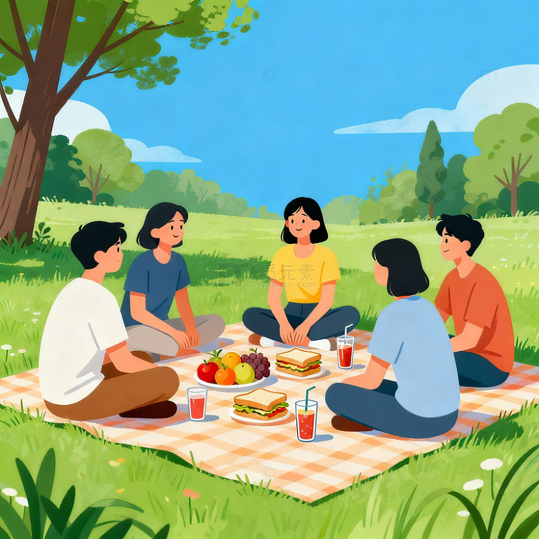 草地野餐朋友欢聚插画