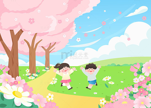 粉色樱花树花丛户外玩耍大自然儿童背景插画