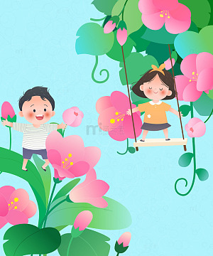 粉色花丛荡秋千玩耍大自然儿童教育背景插画
