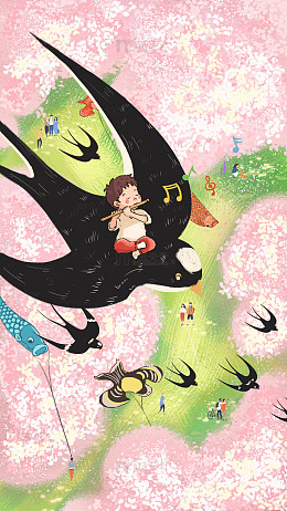 卡通燕子飞行春天插画