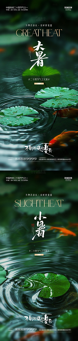 水墨风大暑小暑荷叶金鱼海报