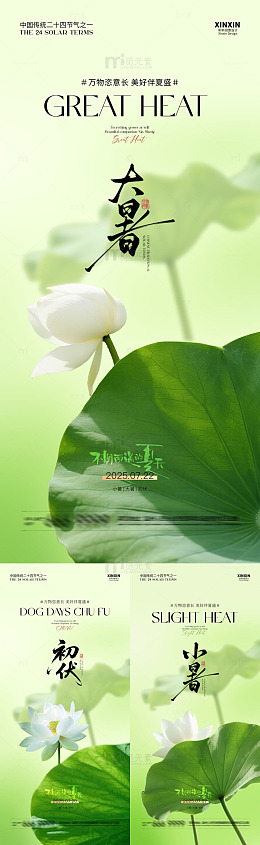 大暑绿色调夏日荷花主题海报设计