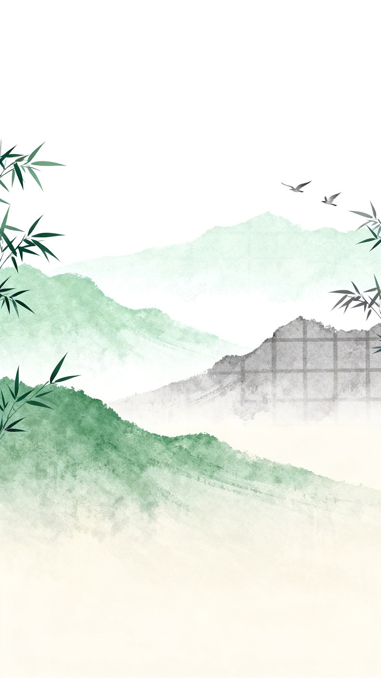 水墨山水竹子飞鸟图