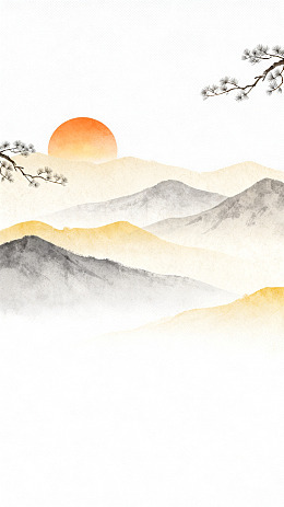 水墨山水画日落山峦图