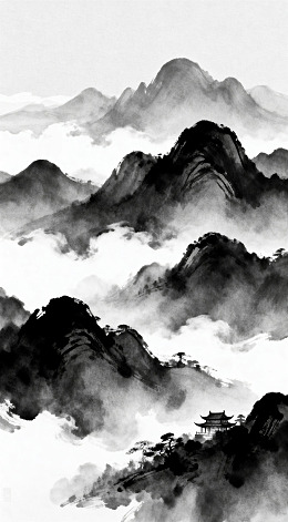 水墨山水画山峦云雾古建筑