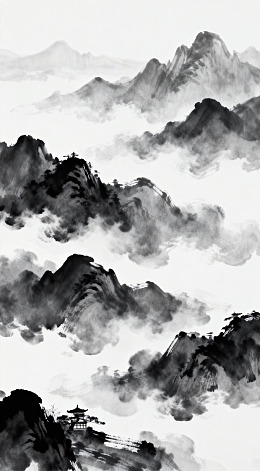 水墨山水画云雾缭绕山峦