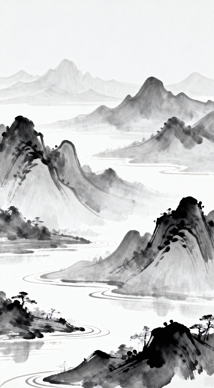 水墨山水画江川风光