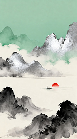 水墨山水画日出渔船图