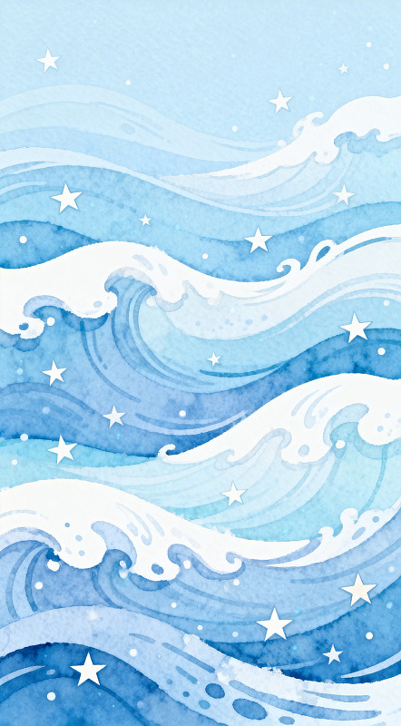 星夜海浪水彩画
