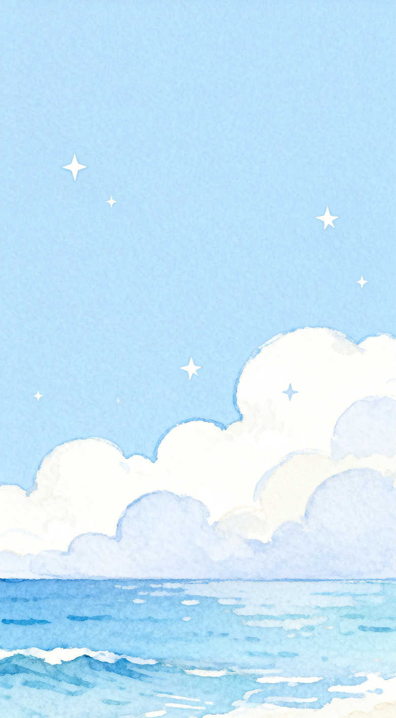 水彩海洋星空美景插画
