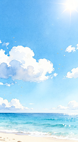 阳光海滩水彩画