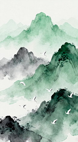 水墨山水画飞鸟风景画