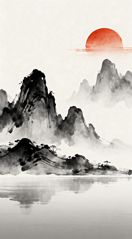 水墨山水画日落风光