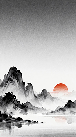 水墨山水画日出东方