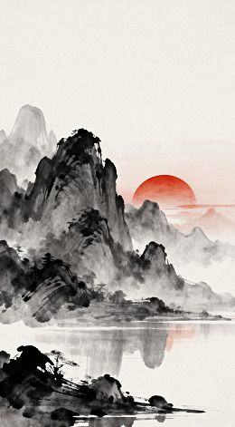水墨山水日落风景国画