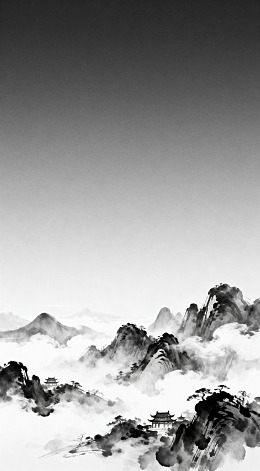 水墨山水画云雾缭绕山峦