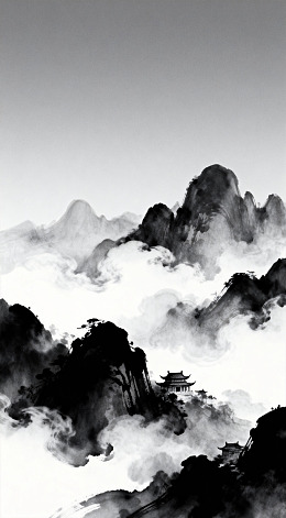 水墨山水画云雾缭绕古建筑