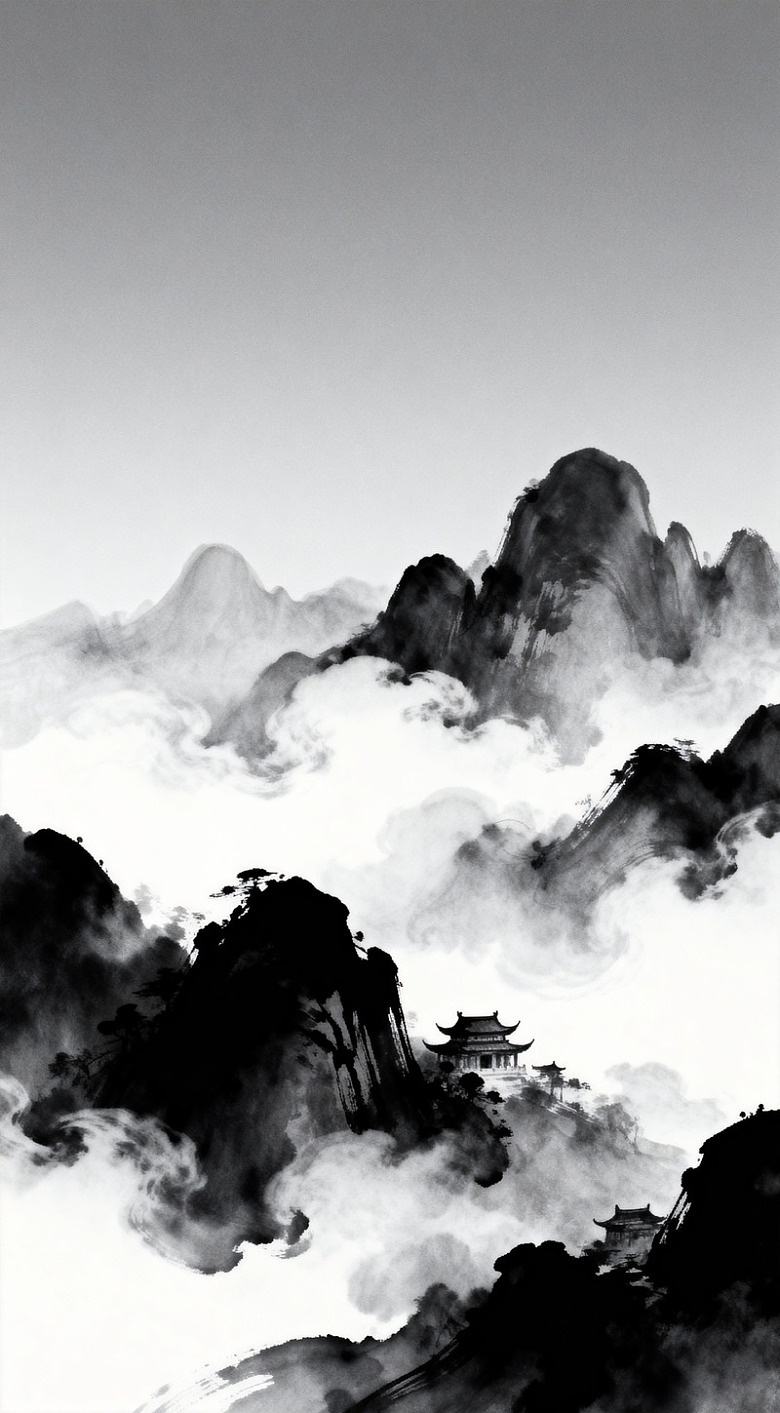水墨山水画云雾缭绕古建筑