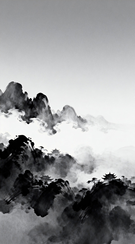水墨山水画云雾缭绕山峰古建筑