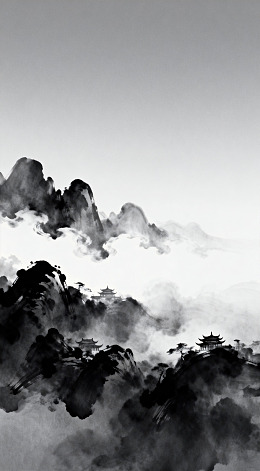 水墨山水画云雾缭绕山峰古建筑
