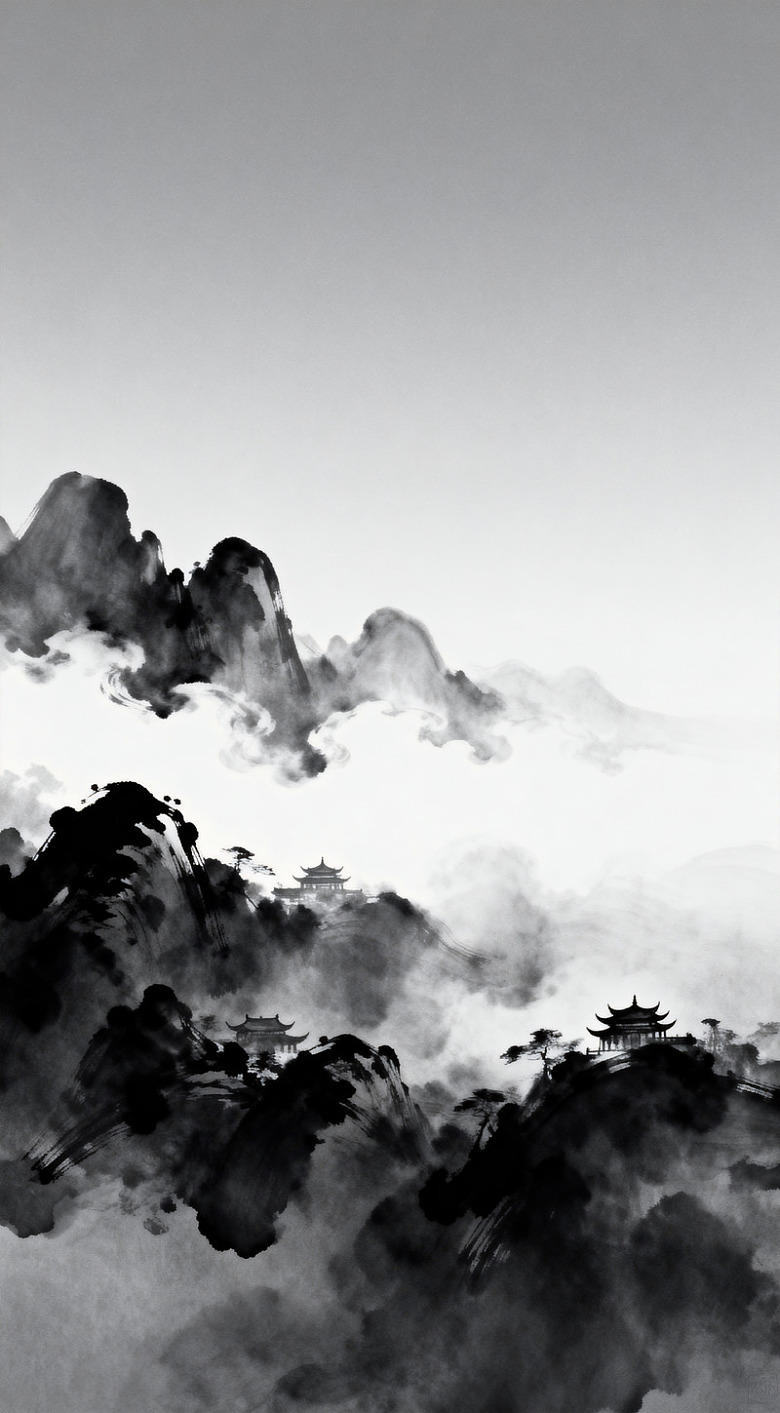 水墨山水画云雾缭绕山峰古建筑